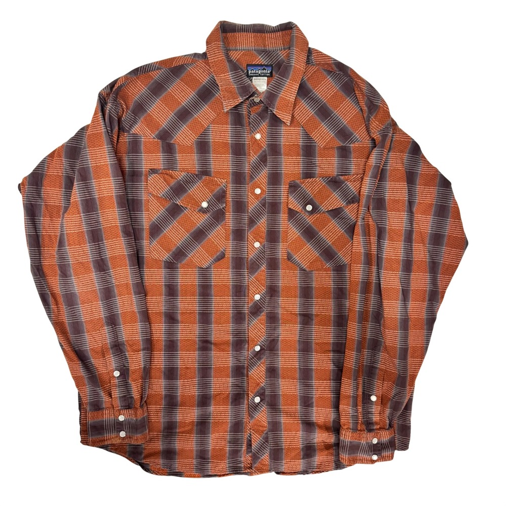 Patagonia Highball Snap Shirt Mens Large Orange Plaid Rhythm Organic Cotton